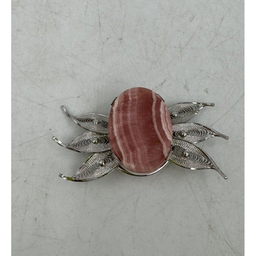 Vintage Sorrento Sterling Brooch Rhodochrosite Stone Elegant Filigree Look RARE